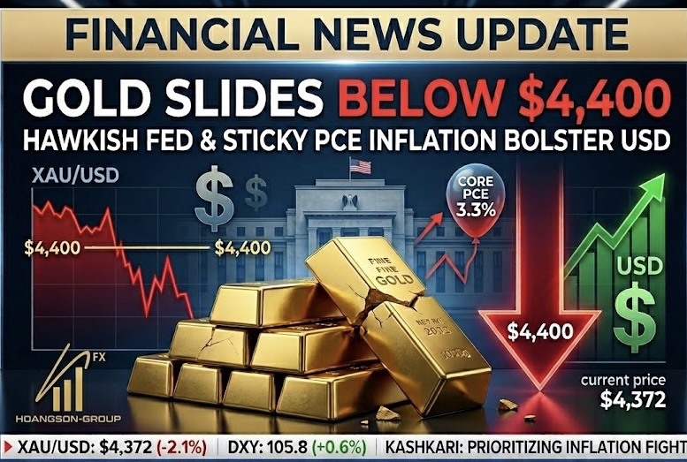 Gold (XAU/USD) Slides Below $4,400 as Hawkish Fed and Sticky PCE Inflation Bolster the Dollar
